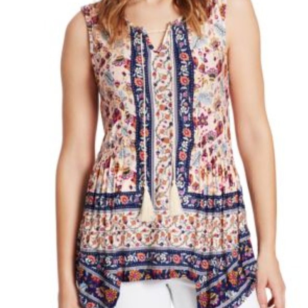 Vintage America Blues Boho Floral Tassel Ties Top Women's Sz M
